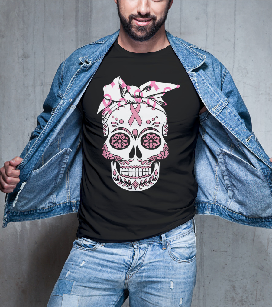 Day Of The Dead Skull With Pink Ribbon For Breast Cancer Awareness T-Shirt