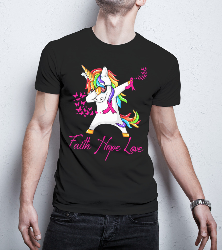 Faith Hope Love Pink Unicorn Breast Cancer Awareness T-Shirt