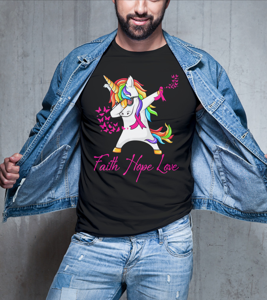 Faith Hope Love Pink Unicorn Breast Cancer Awareness T-Shirt