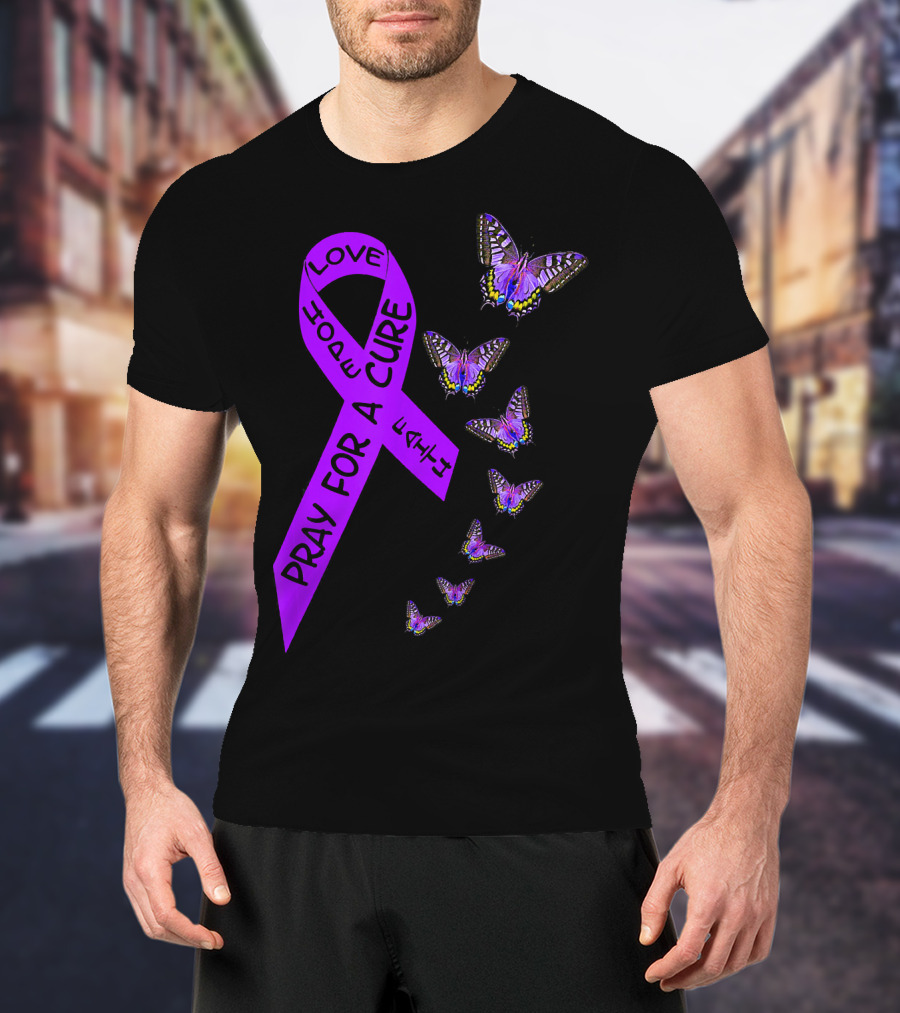 Pray For A Cure Love Hope Purple Ribbon Butterflies Pancreatic Cancer Awareness T-Shirt