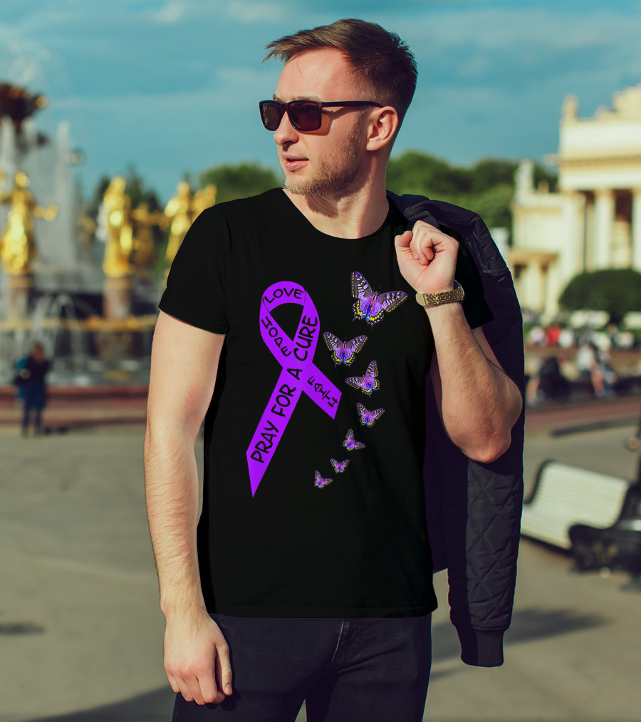 Pray For A Cure Love Hope Purple Ribbon Butterflies Pancreatic Cancer Awareness T-Shirt