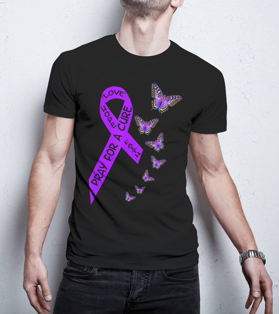 Pray For A Cure Love Hope Purple Ribbon Butterflies Pancreatic Cancer Awareness T-Shirt