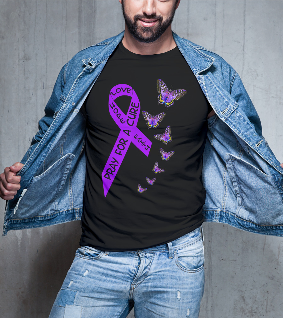 Pray For A Cure Love Hope Purple Ribbon Butterflies Pancreatic Cancer Awareness T-Shirt
