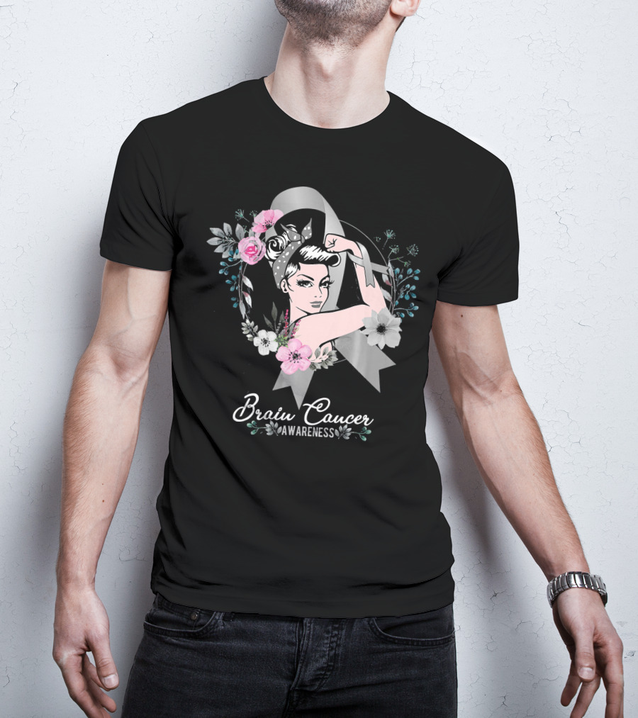 BRAIN CANCER AWARENESS Woman Gray Ribbon Floral T-Shirt