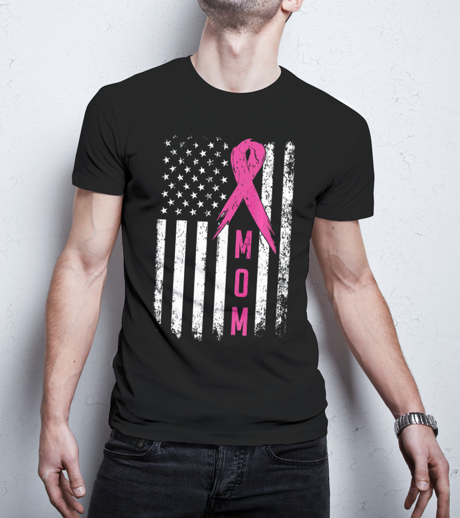 Mom Pink Ribbon American Flag Breast Cancer Awareness T-Shirt