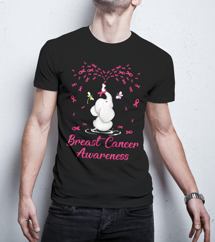 Elephant With Ribbon Breast Cancer Awareness With Butterflies And Ribbons T-Shirt