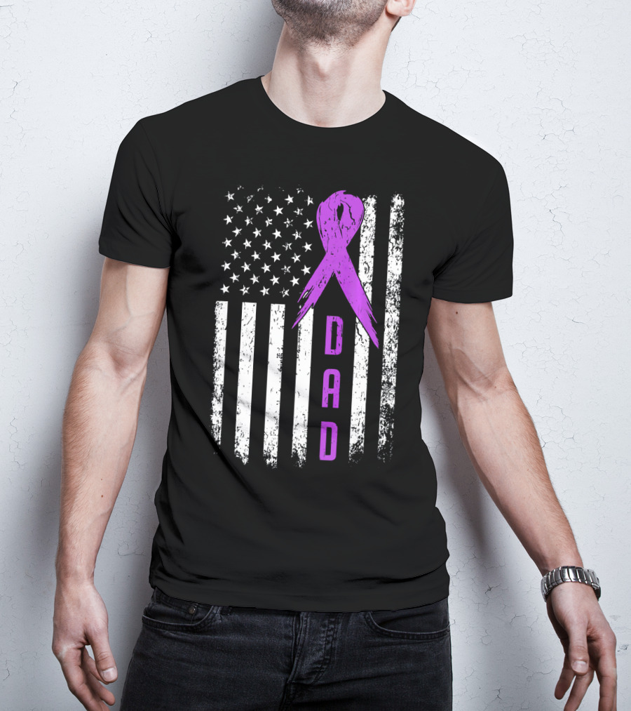 Dad American Flag Pancreatic Cancer Awareness Purple T-Shirt