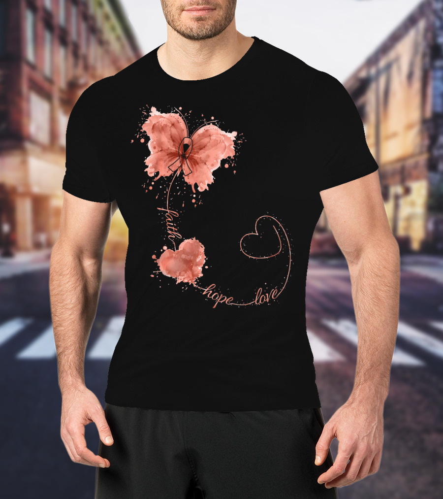 Faith Hope Love Butterfly Ribbon Uterine Cancer Awareness T-Shirt