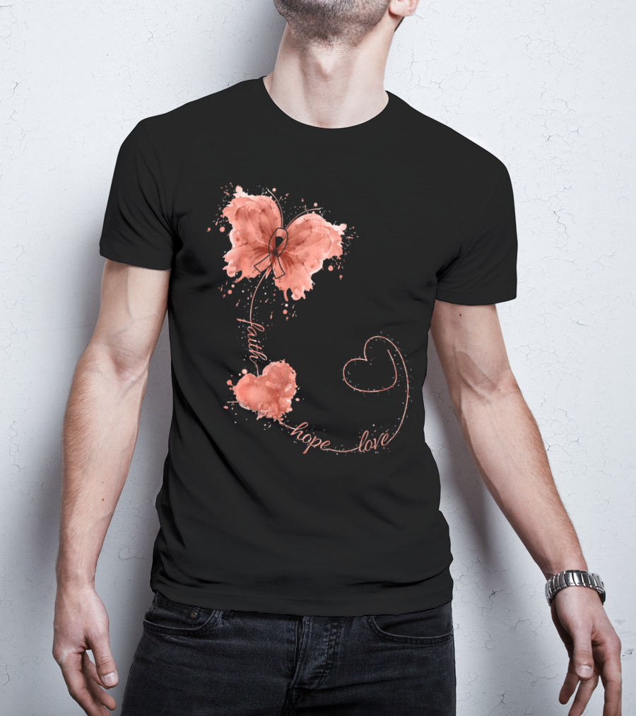 Faith Hope Love Butterfly Ribbon Uterine Cancer Awareness T-Shirt