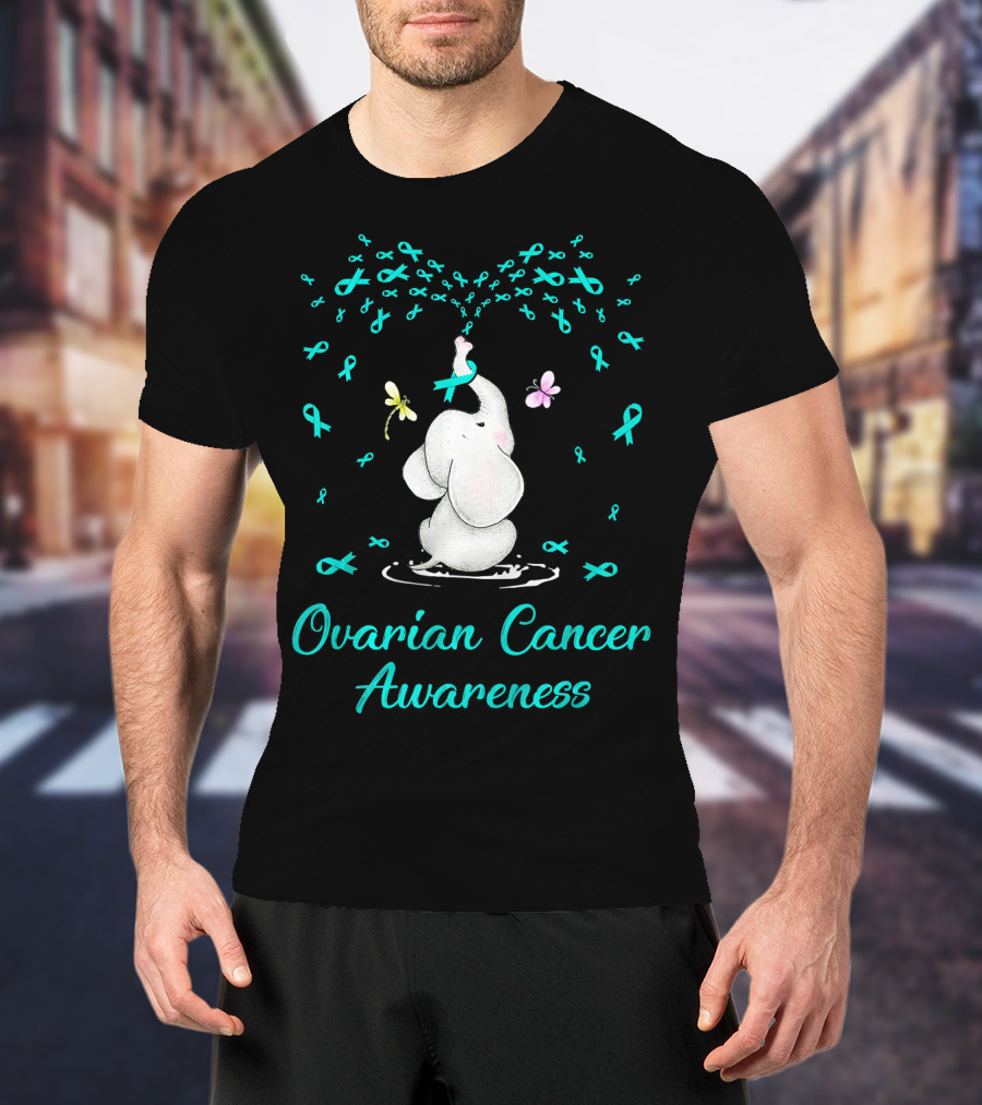 Ovarian Cancer Awareness Elephant With Ribbon And Butterflies T-Shirt