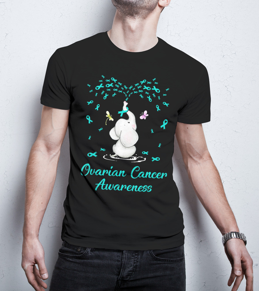 Ovarian Cancer Awareness Elephant With Ribbon And Butterflies T-Shirt