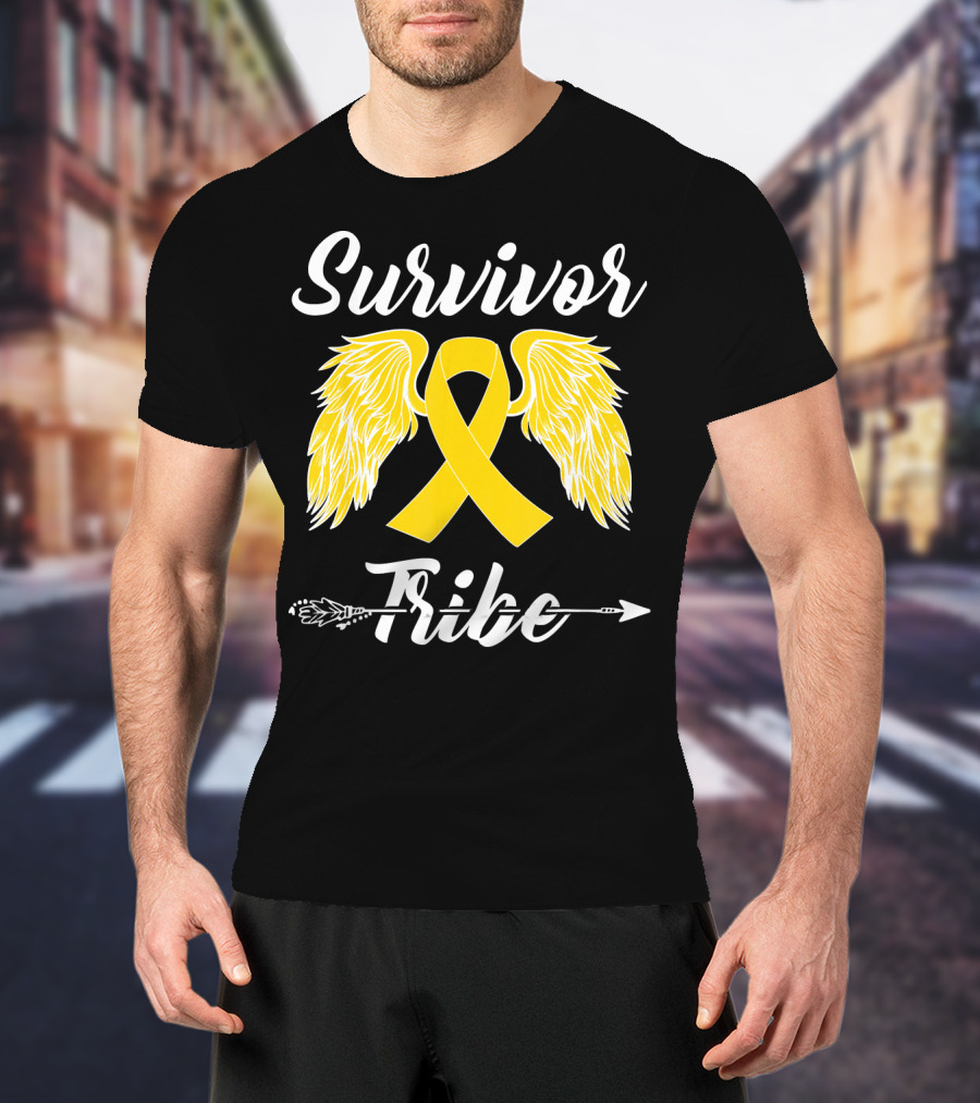 Survivor Tribe Childhood Cancer Awareness Yellow Ribbon Wings T-Shirt