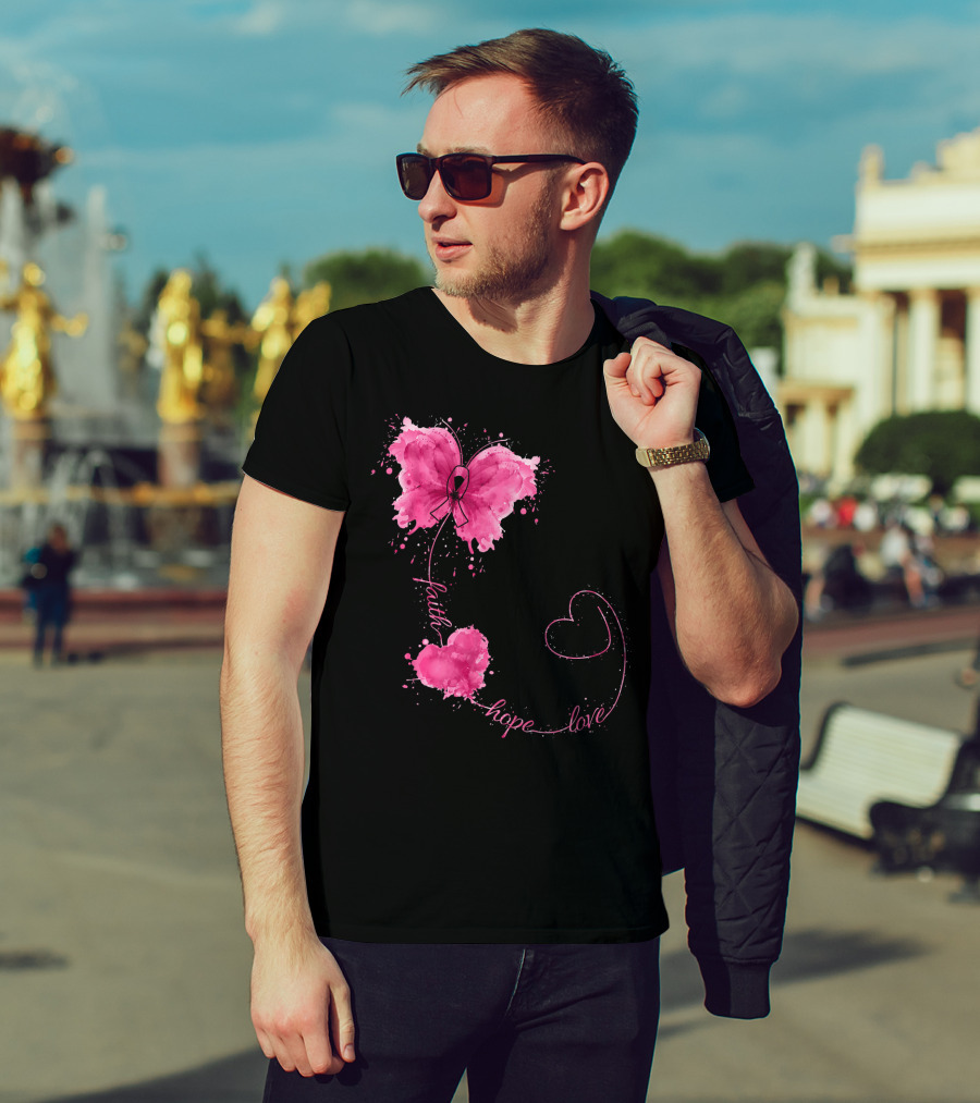 Faith Hope Love Butterfly With Pink Ribbon Breast Cancer Awareness T-Shirt