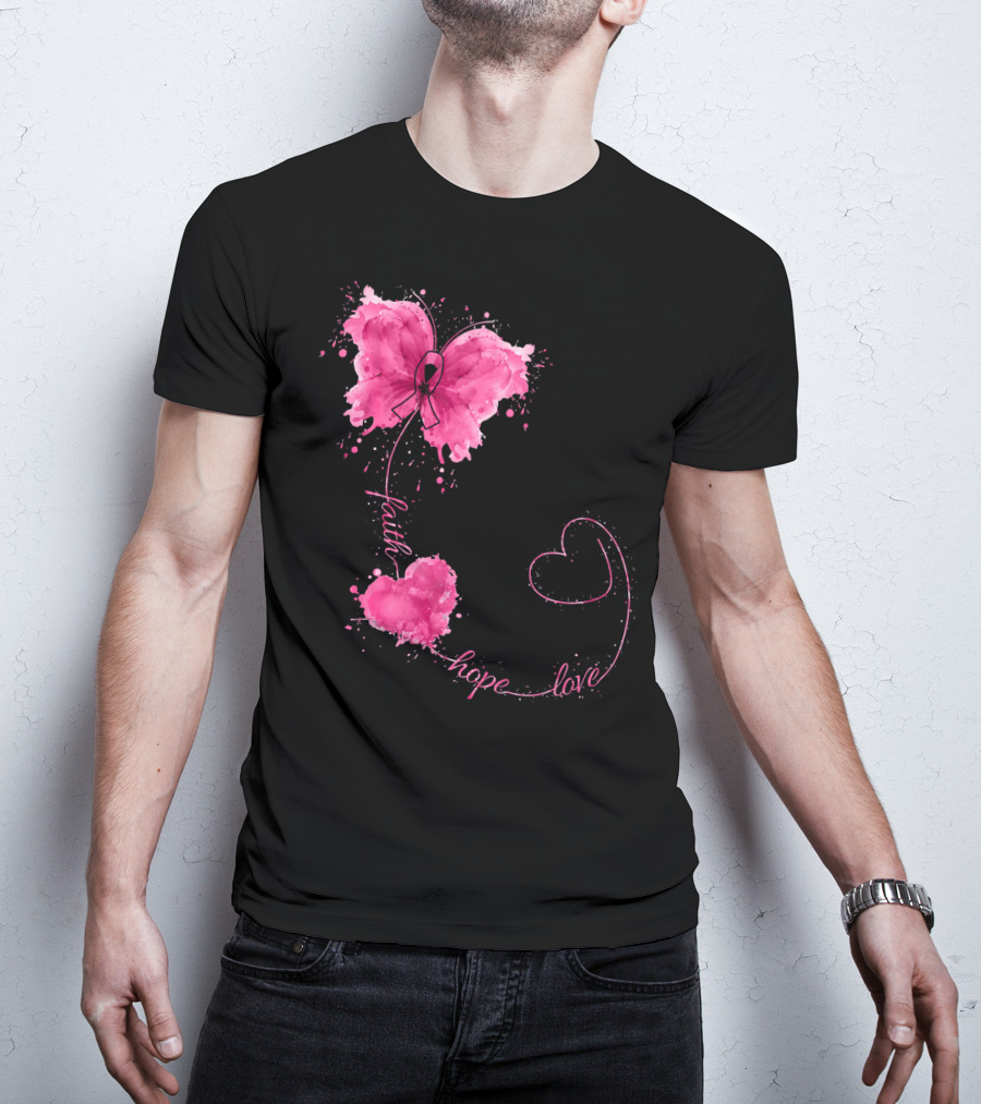 Faith Hope Love Butterfly With Pink Ribbon Breast Cancer Awareness T-Shirt