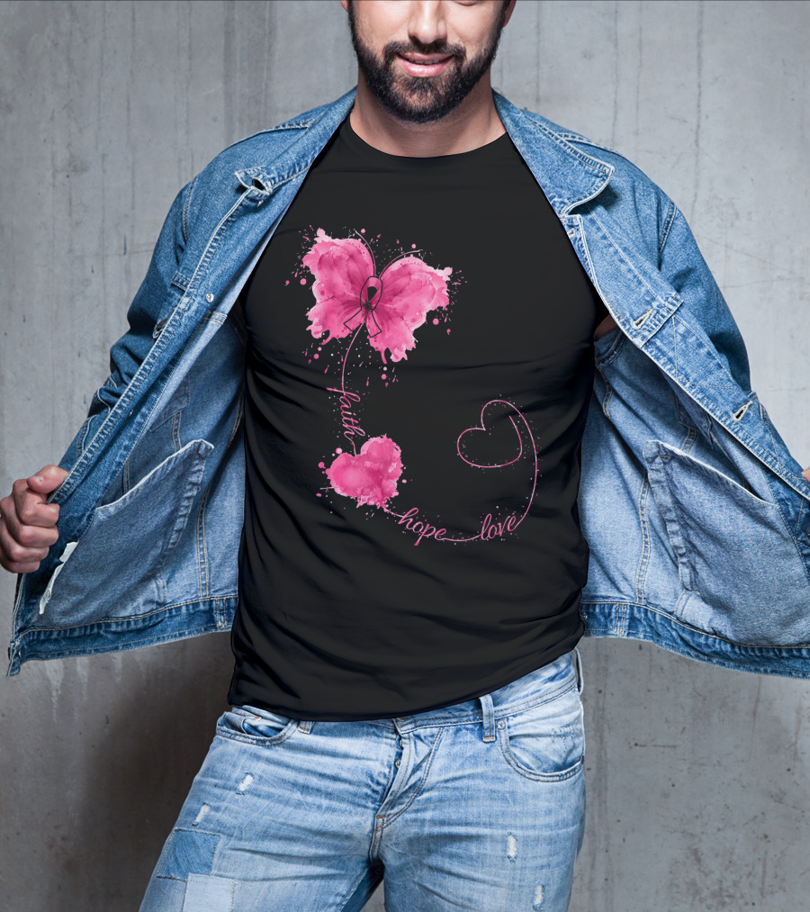 Faith Hope Love Butterfly With Pink Ribbon Breast Cancer Awareness T-Shirt