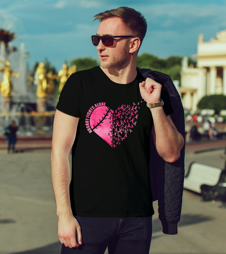 Nobody Fights Alone Heart Pink Ribbons Baseball Softball T-Shirt