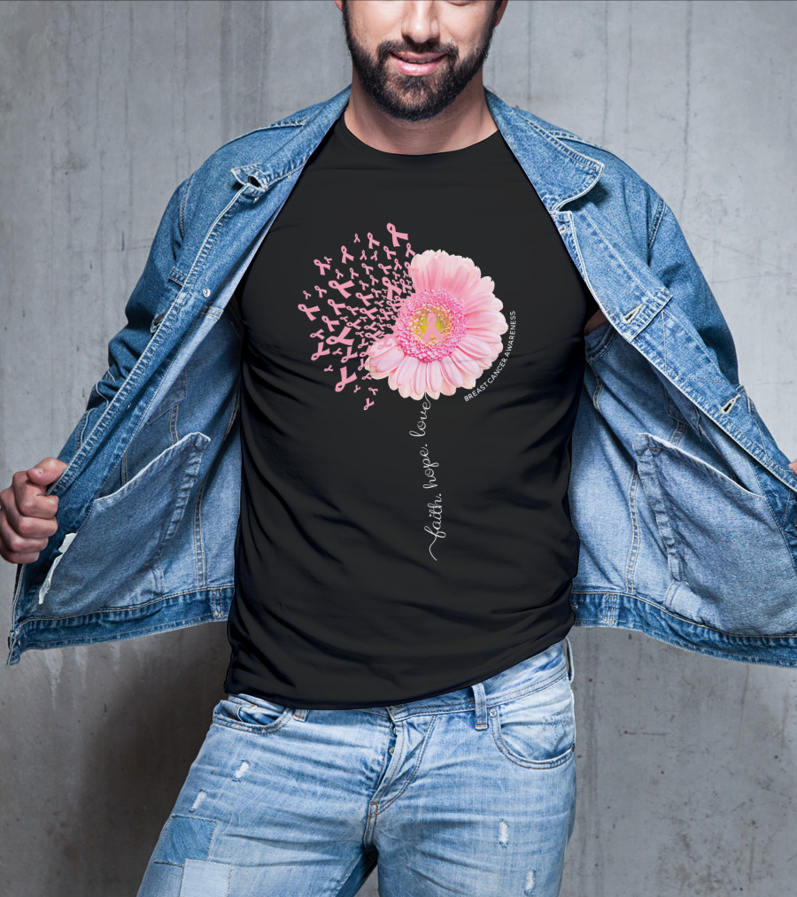 Faith Hope Love Dandelion Daisy Breast Cancer Awareness T-Shirt