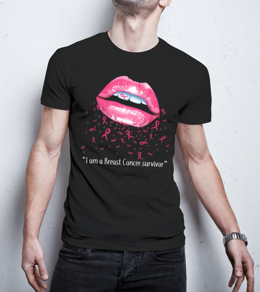 I Am A Breast Cancer Survivor Pink Ribbon Lips T-Shirt