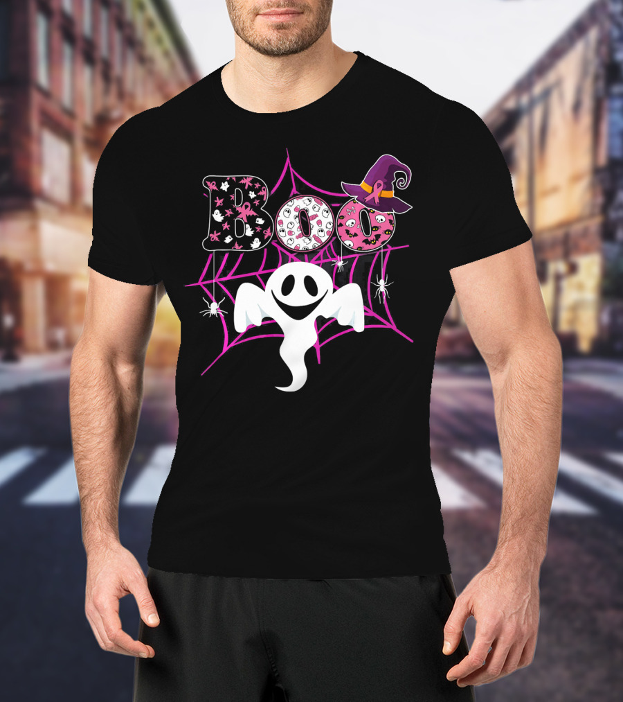 BOO Ghost Pink Ribbon Breast Cancer Awareness Halloween Spider Web Hat T-Shirt