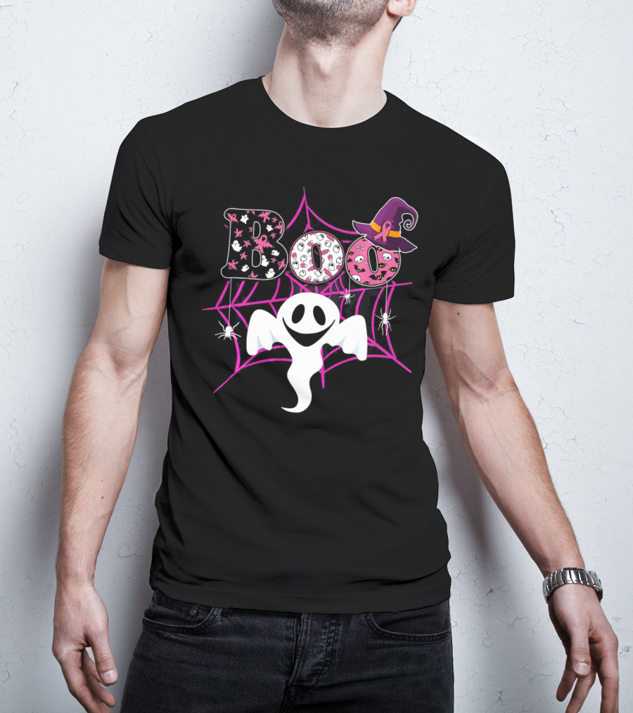 BOO Ghost Pink Ribbon Breast Cancer Awareness Halloween Spider Web Hat T-Shirt