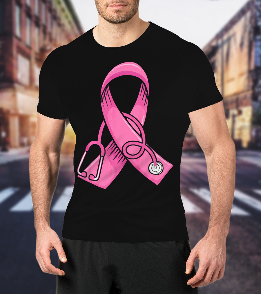 Pink Ribbon Heartbeat Nurse Doctor Breast Cancer Awareness Stethoscope T-Shirt