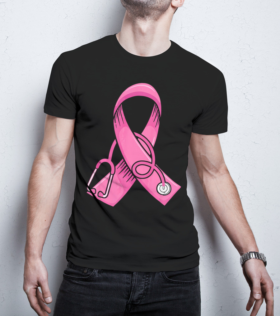 Pink Ribbon Heartbeat Nurse Doctor Breast Cancer Awareness Stethoscope T-Shirt