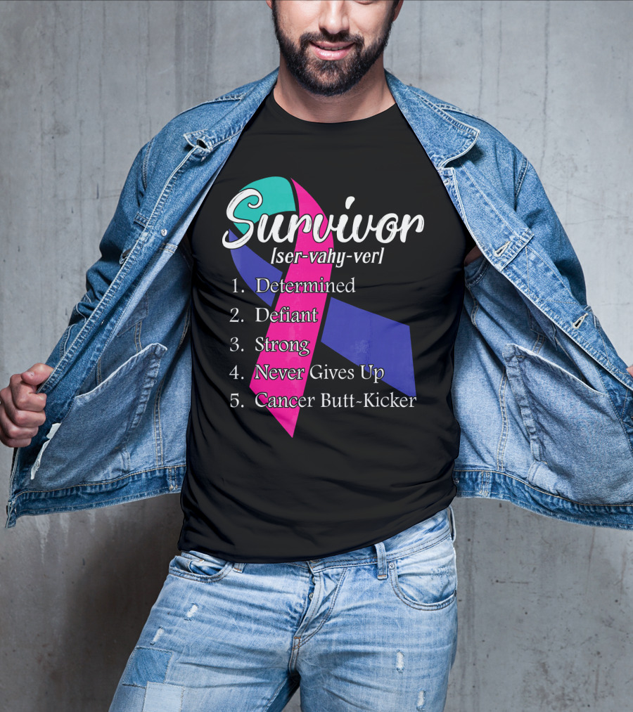 Survivor Defined: Determined, Defiant, Strong, Never Gives Up, Cancer Butt-Kicker T-Shirt