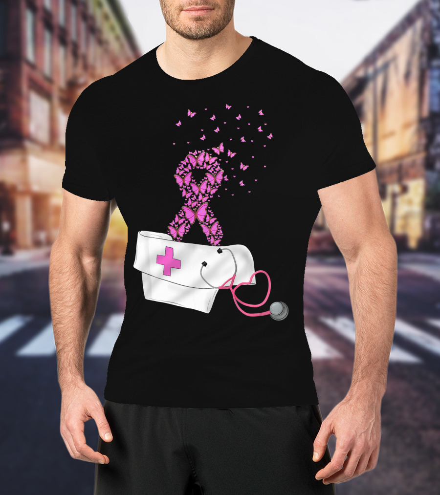 Breast Cancer Awareness Pink Butterfly Ribbon Nurse Doctor Stethoscope Hat T-Shirt