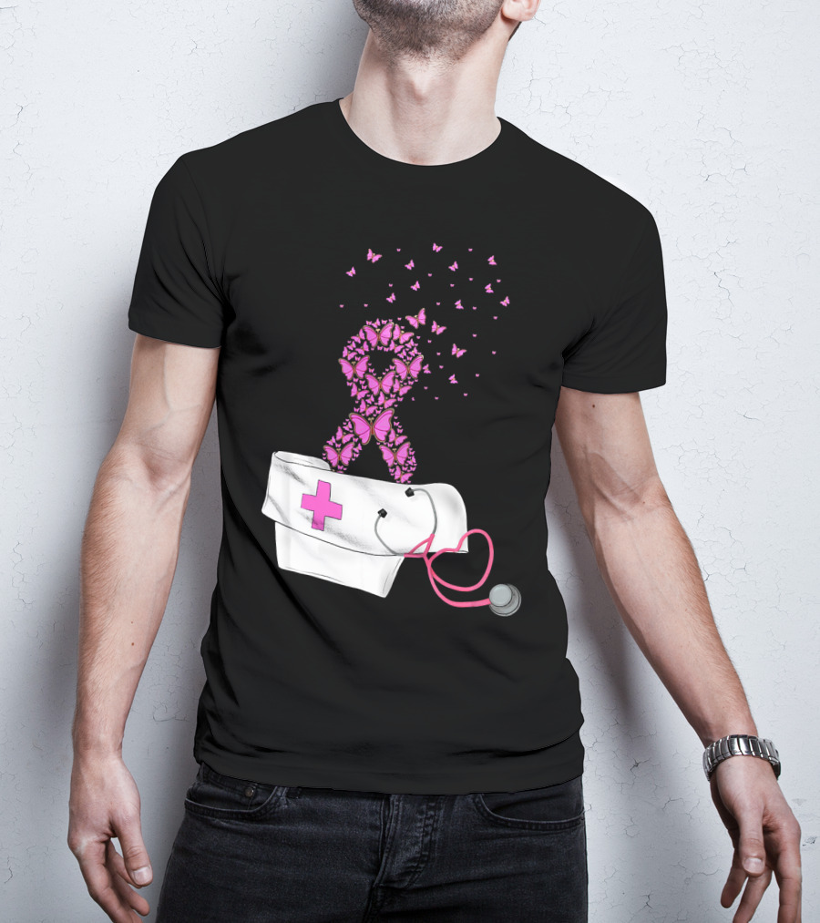 Breast Cancer Awareness Pink Butterfly Ribbon Nurse Doctor Stethoscope Hat T-Shirt