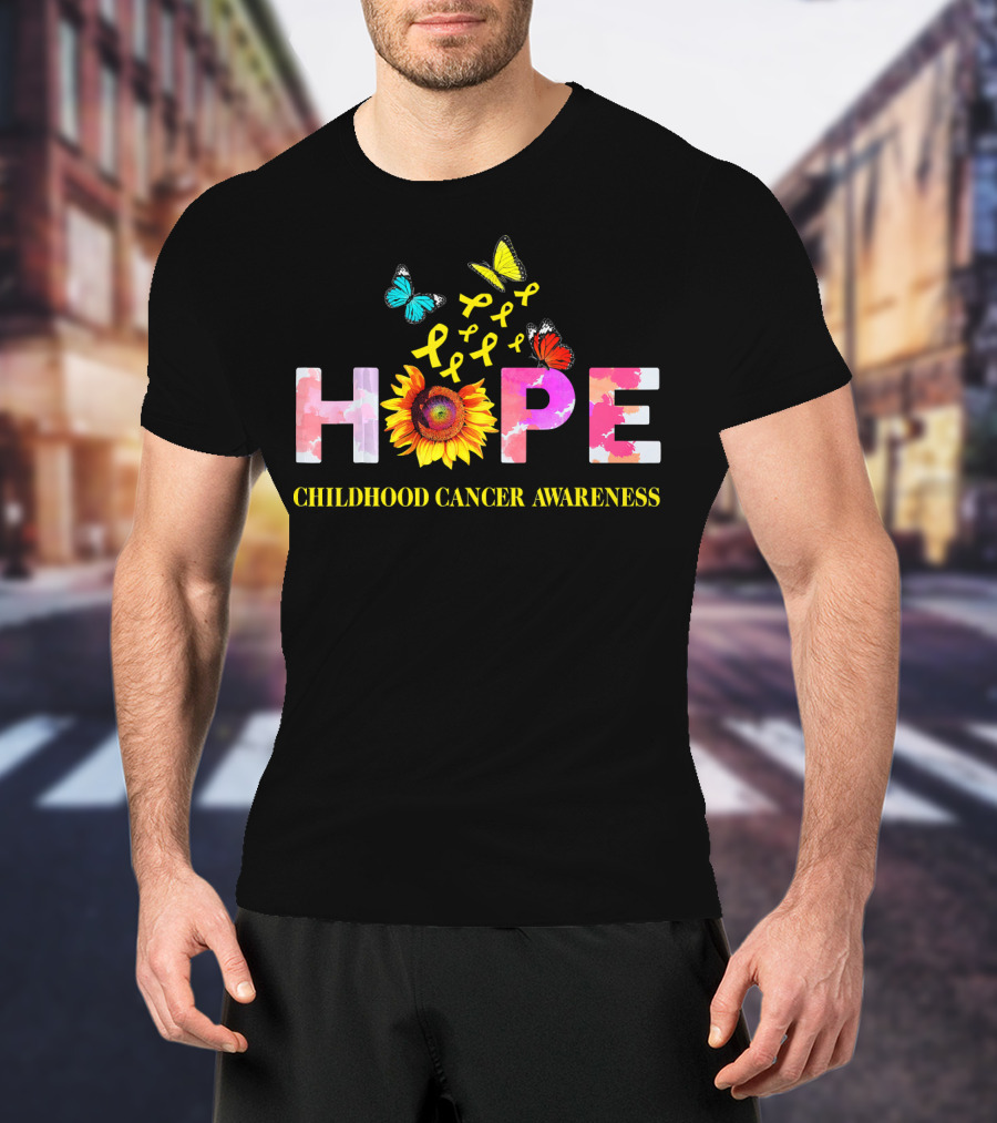 HOPE Childhood Cancer Awareness Yellow Ribbon Butterflies Sunflower T-Shirt