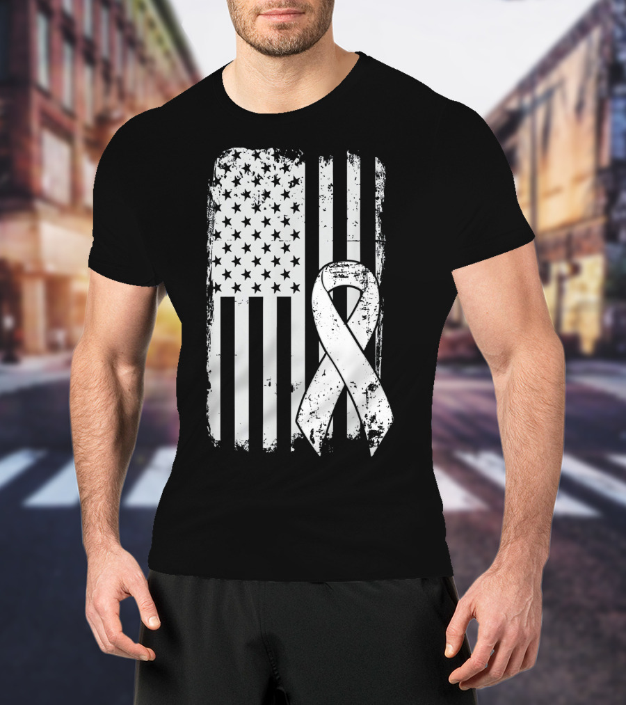 Mens Lung Cancer Awareness Distressed American Flag T-Shirt