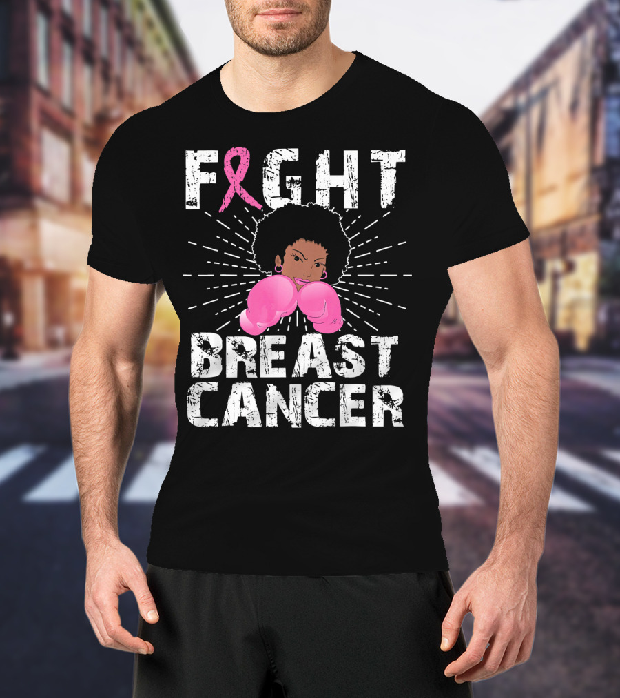 FIGHT Breast Cancer Pink Ribbon Afro Woman Boxing Gloves T-Shirt
