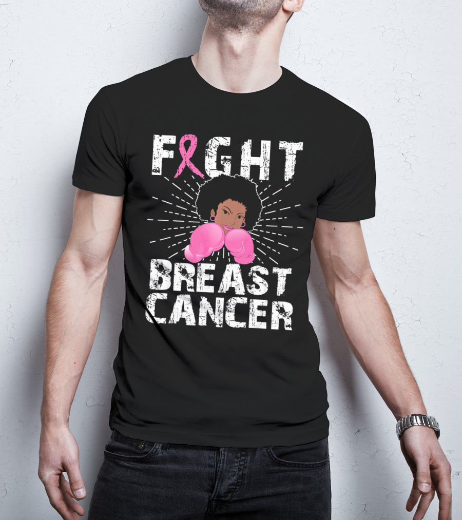 FIGHT Breast Cancer Pink Ribbon Afro Woman Boxing Gloves T-Shirt