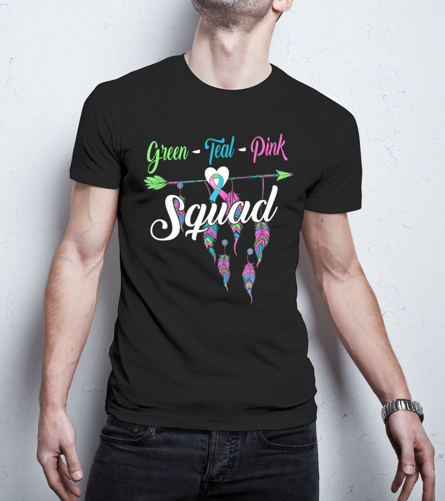 Green Teal Pink Ribbon Arrow Heart Feather Squad T-Shirt