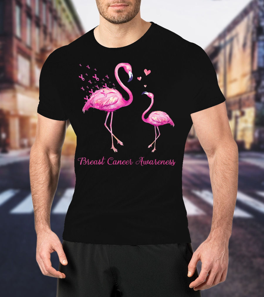 Breast Cancer Awareness Family Flamingo Mom Baby Hearts T-Shirt