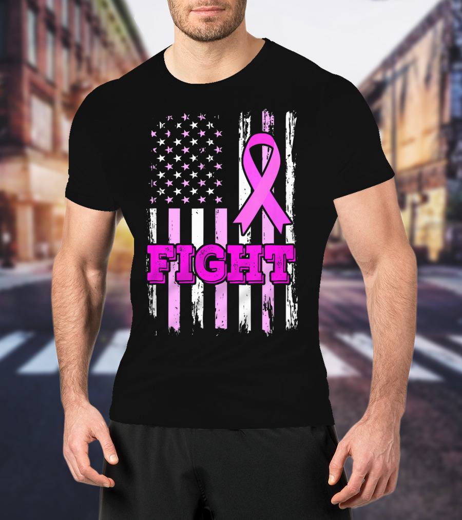 Fight Pink Ribbon American Flag Breast Cancer Awareness T-Shirt