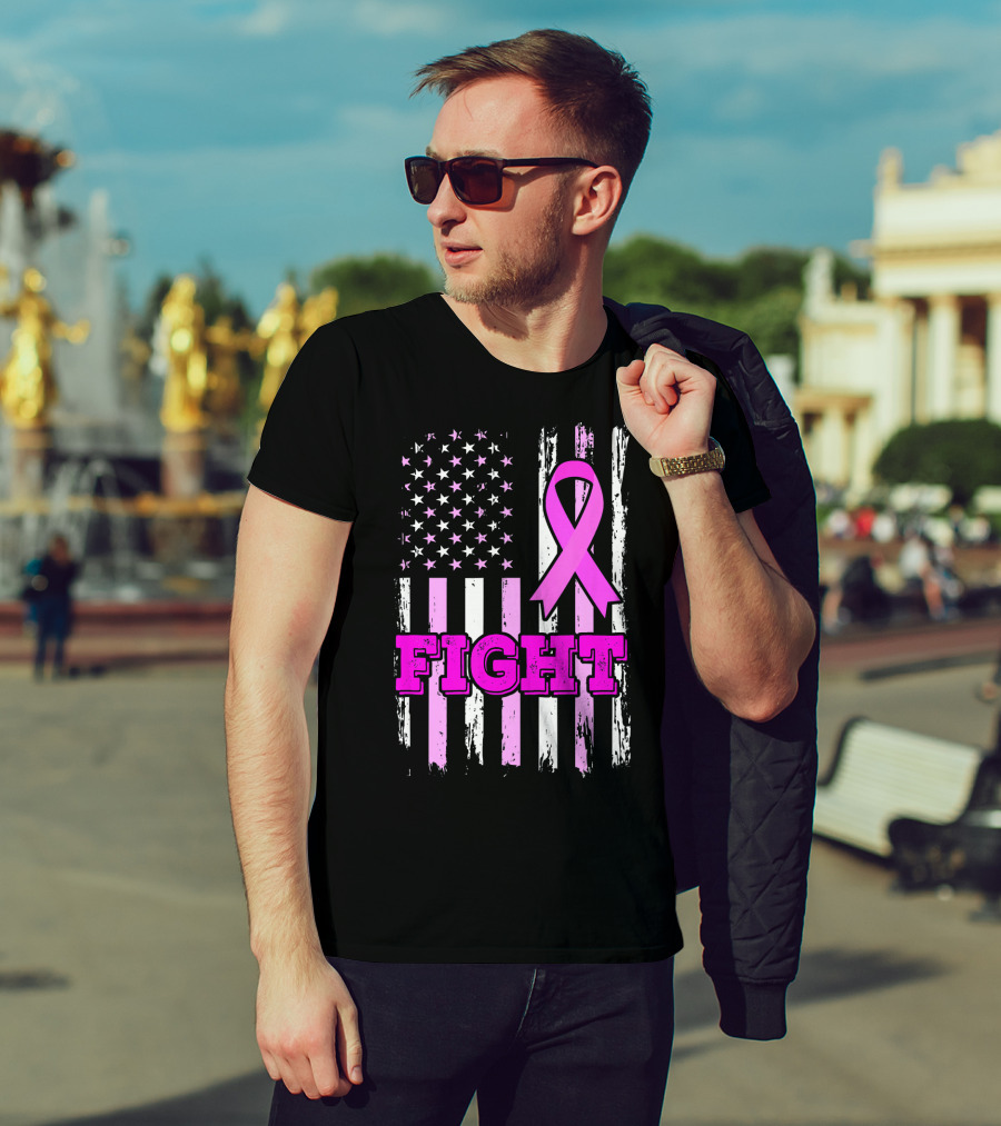 Fight Pink Ribbon American Flag Breast Cancer Awareness T-Shirt