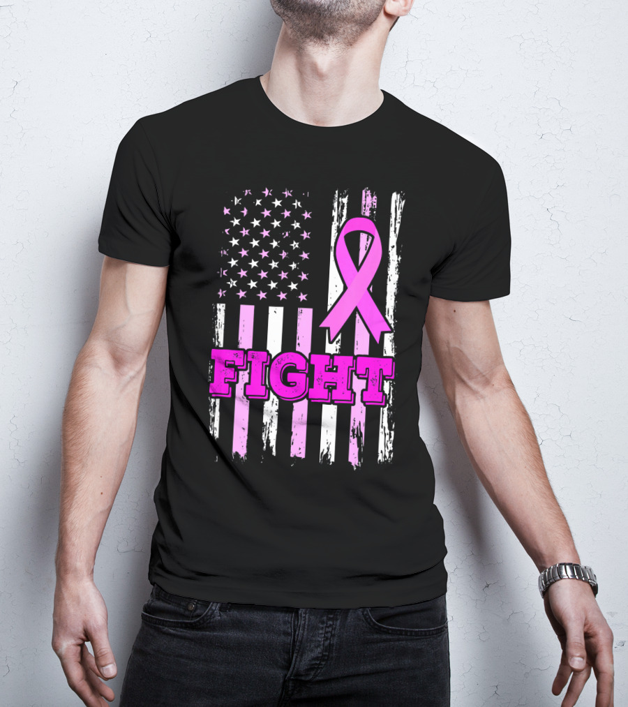 Fight Pink Ribbon American Flag Breast Cancer Awareness T-Shirt
