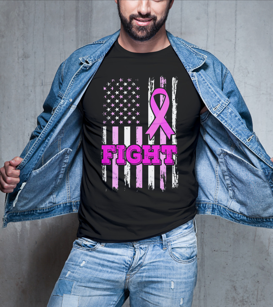 Fight Pink Ribbon American Flag Breast Cancer Awareness T-Shirt