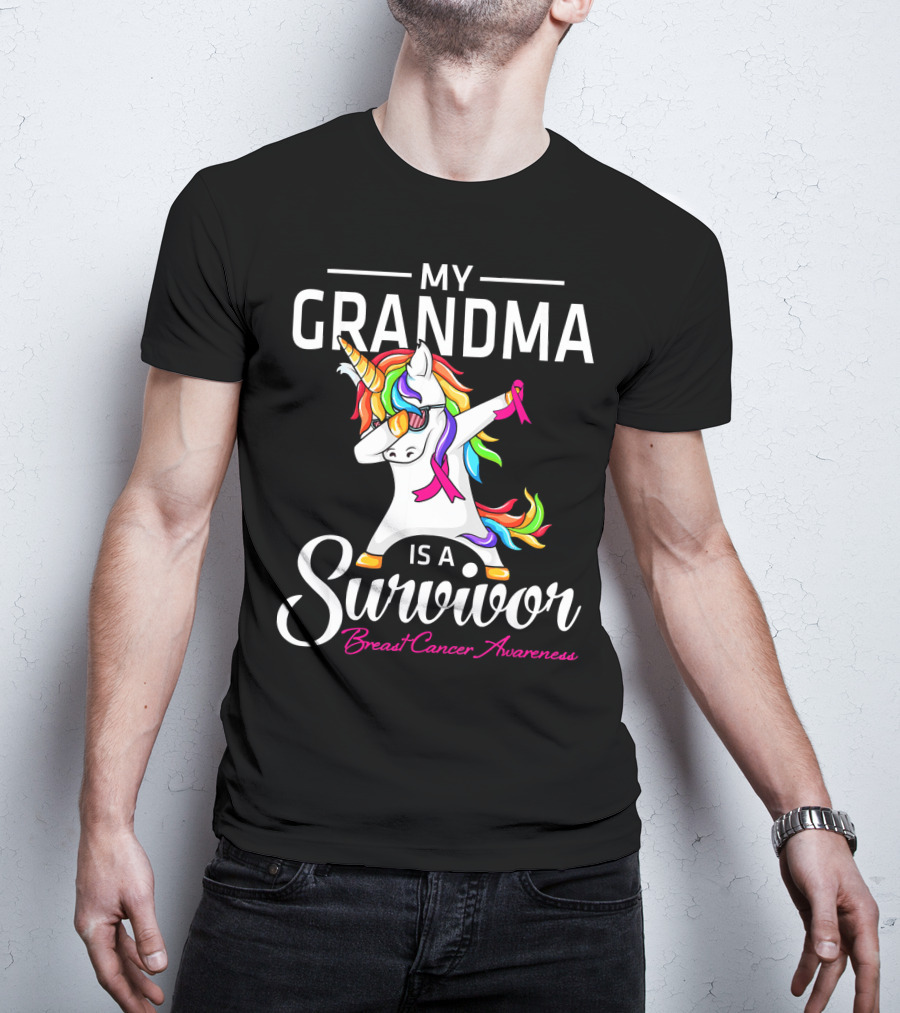 My Grandma Is A Survivor Breast Cancer Awareness Unicorn Dab T-Shirt