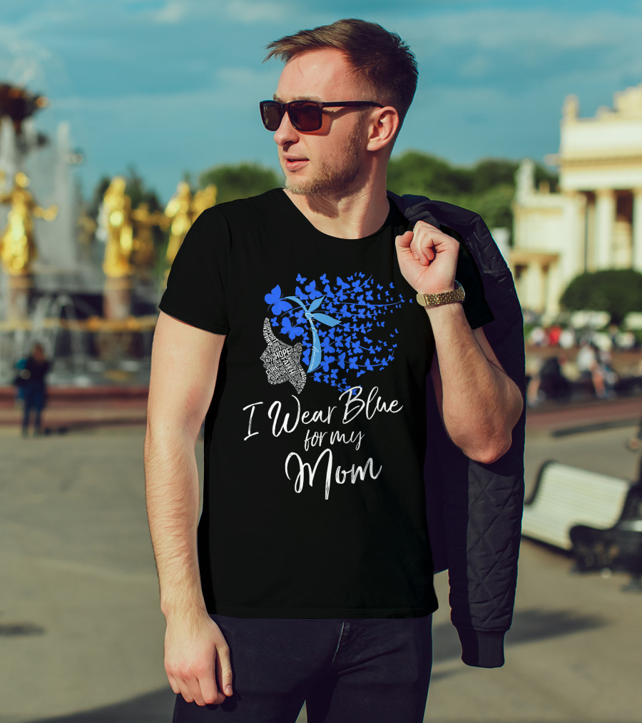 I Wear Blue For My Mom Colon Cancer Awareness Butterfly Ribbon T-Shirt