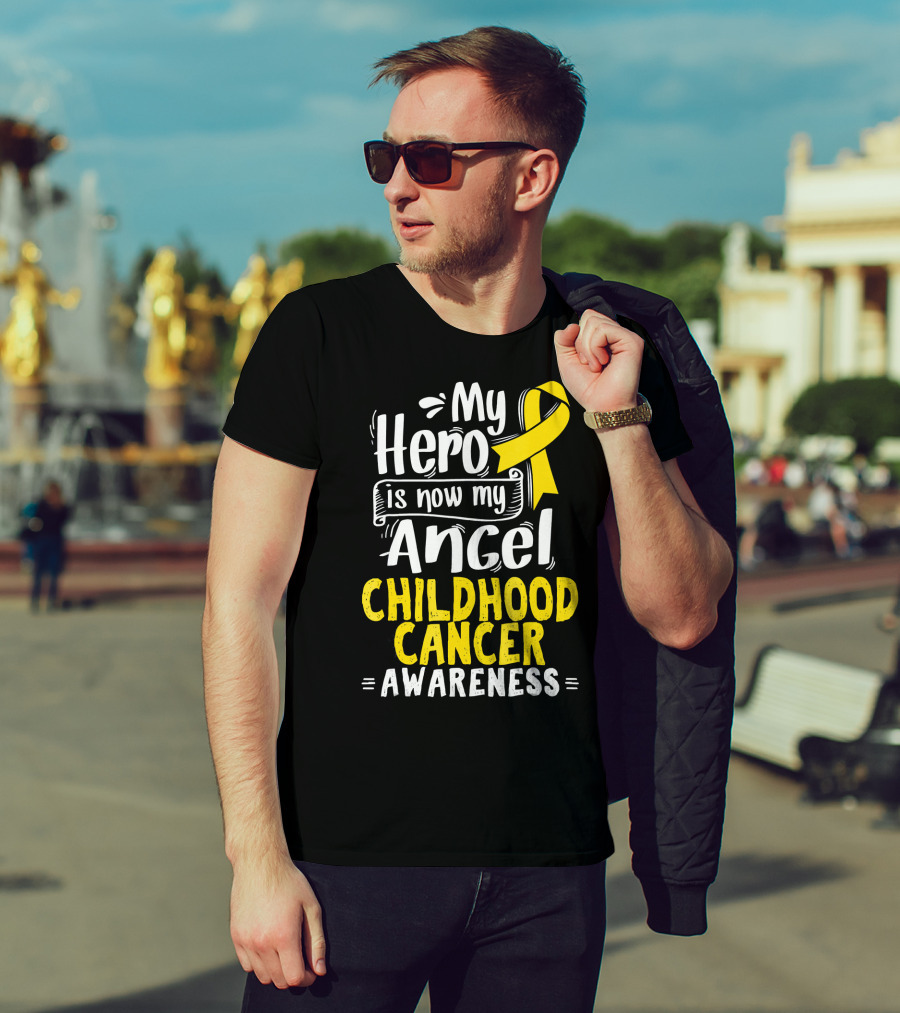 Gold Awareness Ribbon My Hero Is Now My Angel Childhood Cancer Awareness T-Shirt