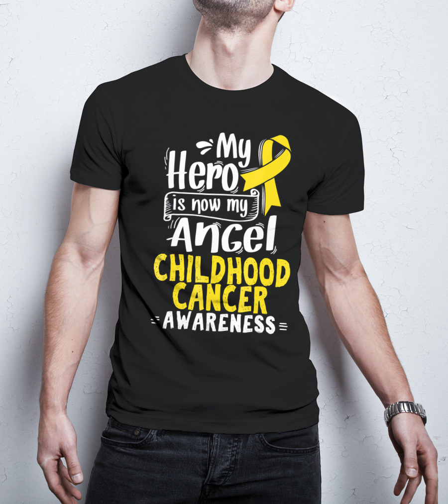 Gold Awareness Ribbon My Hero Is Now My Angel Childhood Cancer Awareness T-Shirt