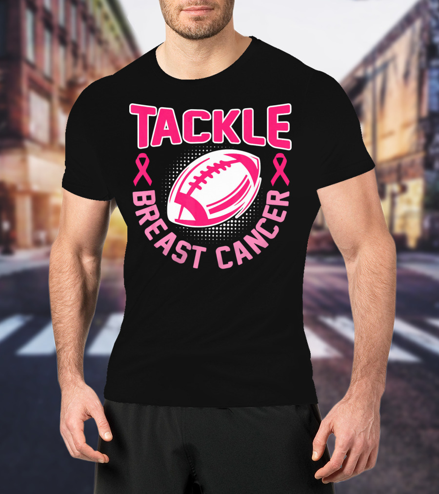 Tackle Breast Cancer Pink Ribbon Awareness Football T-Shirt