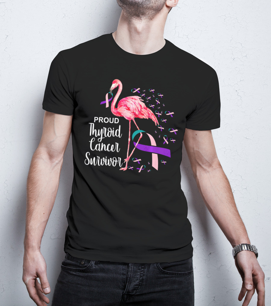 Proud Thyroid Cancer Survivor Flamingo Pink And Purple Ribbons T-Shirt