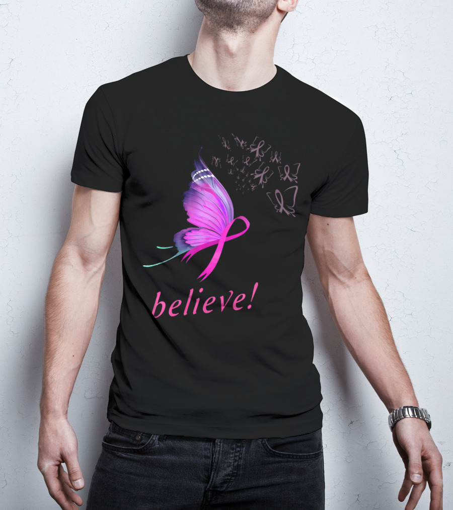 Believe Pink Ribbon Butterfly Breast Cancer Awareness T-Shirt
