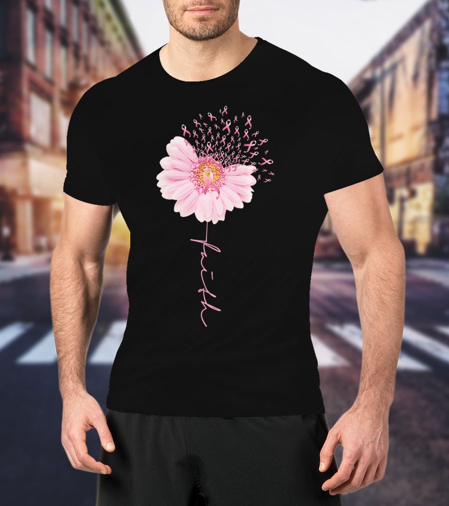 Faith Daisy Flower Pink Ribbon Breast Cancer T-Shirt
