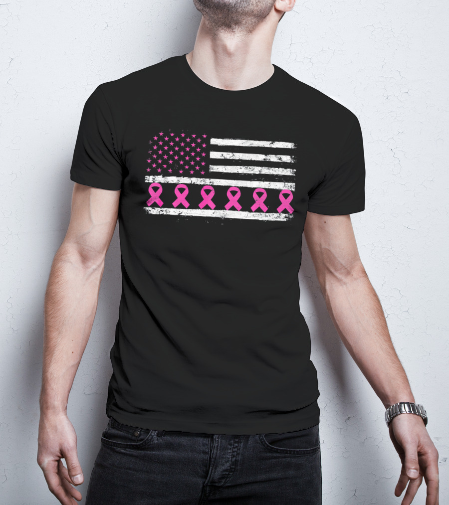 American Flag Distressed Breast Cancer Awareness Pink Ribbons T-Shirt