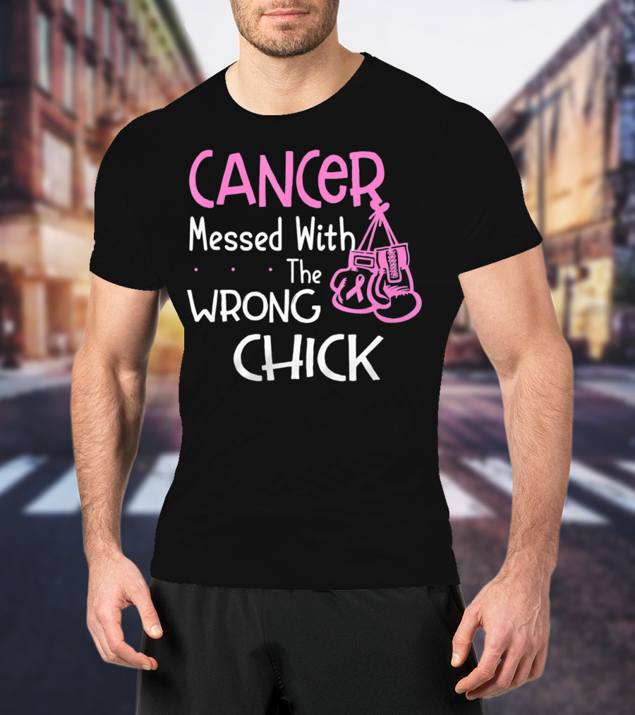 Cancer Messed With The Wrong Chick Boxing Gloves Pink Awareness T-Shirt