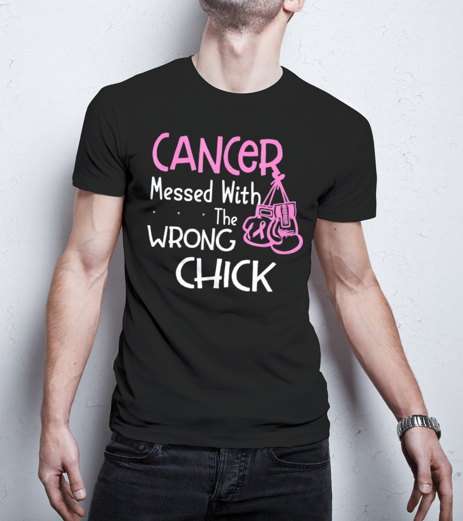 Cancer Messed With The Wrong Chick Boxing Gloves Pink Awareness T-Shirt